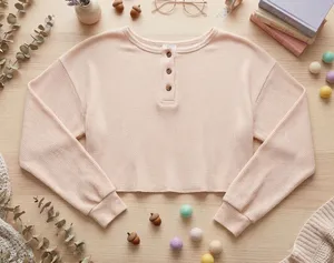 Princess Polly Women's US 8 Crop Waffle‎ Knit Henley Top Beige/Cream Long Sleeve thumbnail 1