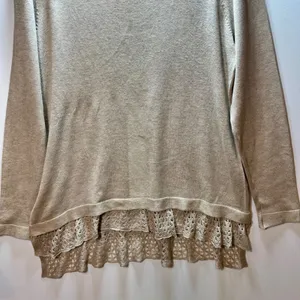 Cyrus Beige Knit Sweater Crochet Lace Tiered Hem Long Sleeve Pullover L tunic thumbnail 4
