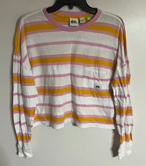 Quiksilver Womens Striped Long Sleeve Cropped‎ Pocket T-Shirt Pink Yellow Small thumbnail 1