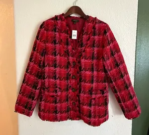 NWT Ann Taylor Womens Blazer Red Pink Tweed Houndstooth Size 4 thumbnail 1