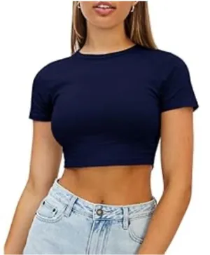 Wynnque Blue Cropped Crew Neck Short Sleeve Fitted Stretchy Top Size Medium thumbnail 1
