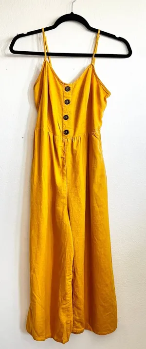 Mustard Yellow Linen Jumpsuit Vintage Inspired Boho‎ Minimalist Wide Leg Small thumbnail 1