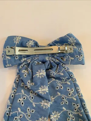 Blue and White Eyelet Embroidered Long Tails Bow French Barrette Hair Clip thumbnail 3