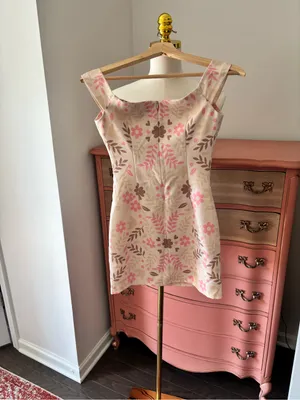 Floral Square-Neck Mini Dress in Pink and Cream thumbnail 3