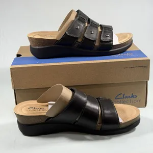 Clarks Size-8.5M Womens Calenne Lily Black Leather Casual Sandals Shoes‎ thumbnail 1