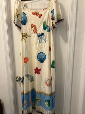 SHEIN Cream Maxi Dress with Blue Border and Multicolor Seashell Prints Size 2X thumbnail 6