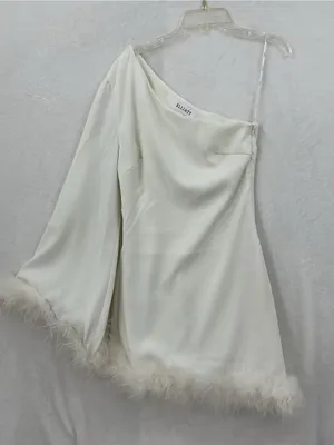 Elliatt One-Shoulder White Feather-Trim Mini Dress1175 thumbnail 2