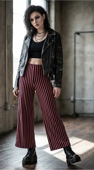 Zara Red & Black Striped Wide Leg Crop Pants Size Small. Goth Steampunk Grunge thumbnail 1