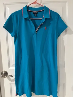 US Polo Assn Womens Blue Polo Dress Short Sleeve Pink Logo Sz Lg Pool Beach thumbnail 1