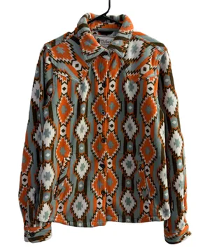 Outback Trading Tabitha Big Shirt Womens Medium Orange Button Up Fleece Aztec thumbnail 1