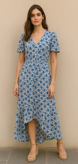 Abel‎ The Label Blue White Floral Midi Dress L Wrap V Neck Cottagecore Boho thumbnail 1