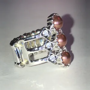 Elegant Three-Stone Faux Pearl and Crystal Statement Ring - Silver Tone thumbnail 5