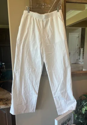 White Cotton Linen Elastic Waist Pull on Pants Women’s Large New thumbnail 1