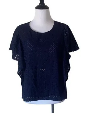 5/$30 🎈 Codexmode women’s XS navy blue ruffle‎ eyelet blouse thumbnail 1