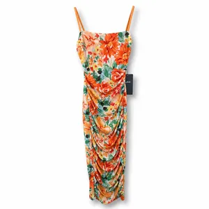 NEW Lulus Date Night Beauty Orange Floral Print Mesh Ruched Midi Dress Small thumbnail 6