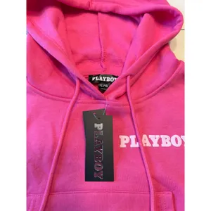 Playboy Womens Hot Pink Cropped Hoodie Embroidered Logo Bunny Sleeve Large NWT thumbnail 2