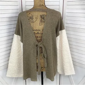 POL Open Tie Back Sweater Bell Sleeve Color Block Brown Cream Large‎ Boho thumbnail 4