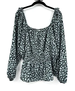 Nine West Floral Print Smocked Waist Peplum Blouse Boho Festival Peasant Top PM thumbnail 1