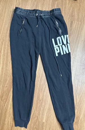 PINK Victoria's Secret Black‎ Joggers Faux Leather Trim Love Pink Graphic Small thumbnail 1