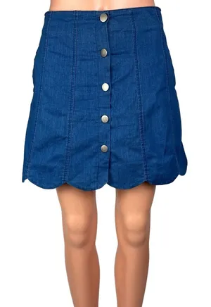 Lush Clothing Women's Blue Denim Jean High Rise Scallop A Line Button Down Skirt Size S thumbnail 1