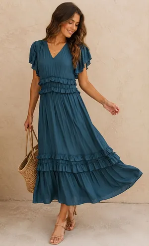 Bohme Willa Teal Tiered Ruffle Midi Dress Romantic Boho thumbnail 1