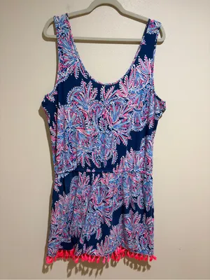 Lilly Pulitzer Jarrett Romper Sleeveless Tank Navy Blue Pink Tassels Size XL thumbnail 8