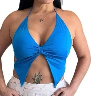 Blue Halter Tie Back Crop Top Y2K Cut Out Festival Clubwear Sexy Open Back thumbnail 1