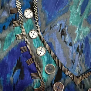 Chico’s Blue Watercolor Silver Beaded Tunic Top Party Resortwear Size 2 Large thumbnail 6