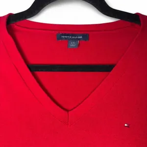 Y2K Tommy Hilfiger Red V-Neck Sweater Women's L 100% Cotton Tiny Logo Preppy thumbnail 3