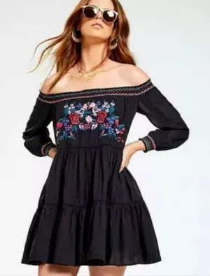 Free People Sunbeams Embroidered Mini Dress Size XS-S Boho Tiered Off Shoulder thumbnail 1