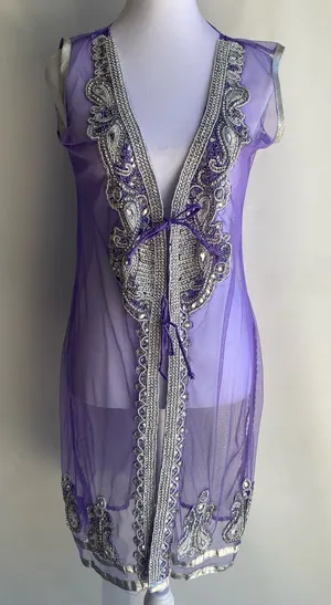 Sheer purple embroidered crystal gem applique embellished genie boho costume thumbnail 1