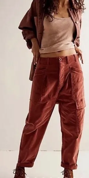 Free People Rust Orange Corduroy‎ Cargo Tapered Pants High Rise Womens Size S thumbnail 1