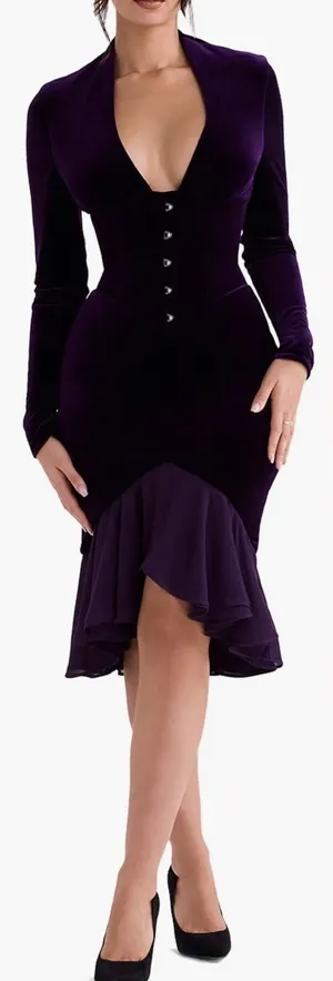 NEW House Of CB Dahna Corset Long Sleeve Purple Velvet Dress Sz XS thumbnail 1