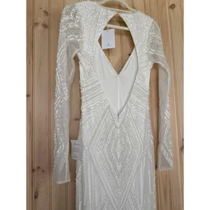 NWT Lulus Deedra White Sequin Beaded Backless Maxi Dress Wedding Bridal Bride M thumbnail 12