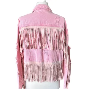 Cropped Pink Distressed Fringe Denim Jean Jacket L Western Cowgirl Festival thumbnail 3