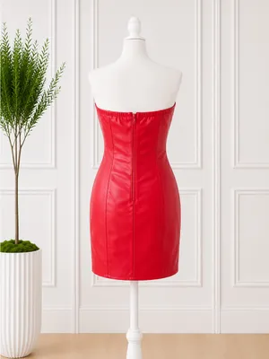 Steps NY Red Studded Faux Leather Strapless Mini Dress Size Large thumbnail 5