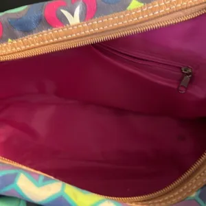 Lily Bloom Multicolor Satchel Handbag‎ Geometric Floral Coated Canvas Brown Trim thumbnail 8