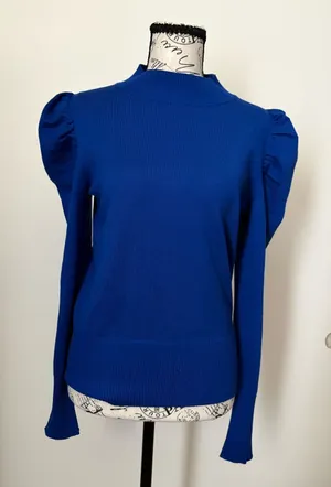 Puff Shoulder Crewneck Sweater in Royal Blue thumbnail 1