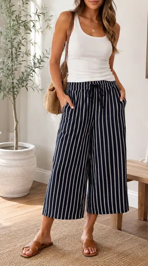 Uniqlo Navy White Striped Cropped Wide Leg Pants Drawstring Elastic Waist, M thumbnail 1