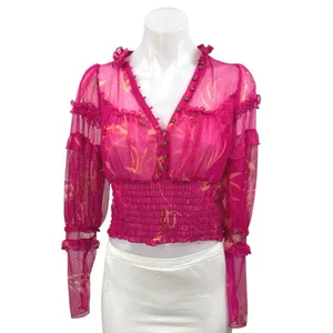 Free People Time To Shine Pink Floral Mesh Long Balloon Sleeve Crop Blouse XS thumbnail 2