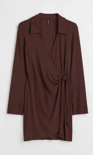 H&M Divided Ribbed Knit Wrap Mini‎ Dress Chocolate Brown Long Sleeve Collared thumbnail 1