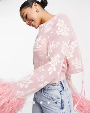 ASOS NWT DESIGN sheer floral jacquard cowl neck top with faux feather trim sleeves in pink. Size 12 thumbnail 4