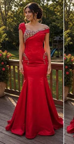 Elegant Red Off-Shoulder Evening Gown with Crystal Detail thumbnail 1