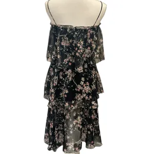 VTG 60-70s Black Chiffon Tiered Midi Dress Pink Floral Coquette Fairy Cottage XS thumbnail 3