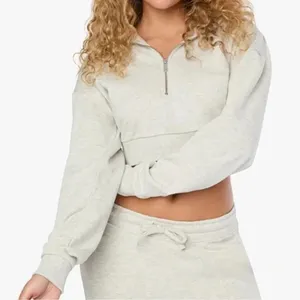 NWT WeWoreWhat Cropped Half Zip Fleece Cotton Hoodie Long Sleeve XS Heather Grey thumbnail 1