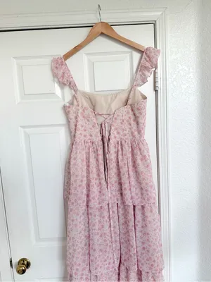 Revelry Poppy Floral Chiffon Ruffle Pink and Ivory Maxi Dress Size 6 thumbnail 4