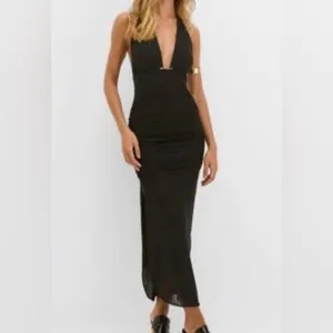 Caroline Constas Black Silk Halter Deep V Midi Dress Gold Bar Backless thumbnail 3