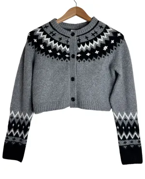 Willow & Wind Grey Button-Front Cropped Cardigan Nordic Fair Isle Winter size S thumbnail 1