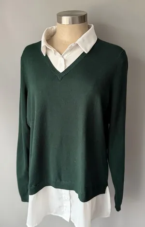 Adrianna Papell Layered Look Sweater Blouse Combo Green & White Size XL thumbnail 1