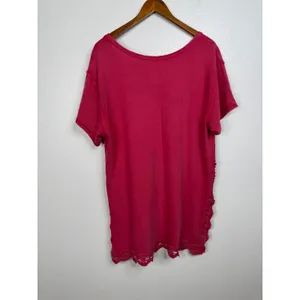 Free People Pink‎ Crochet Lace Trim Short Sleeve Boho Knit Top Women Medium thumbnail 2